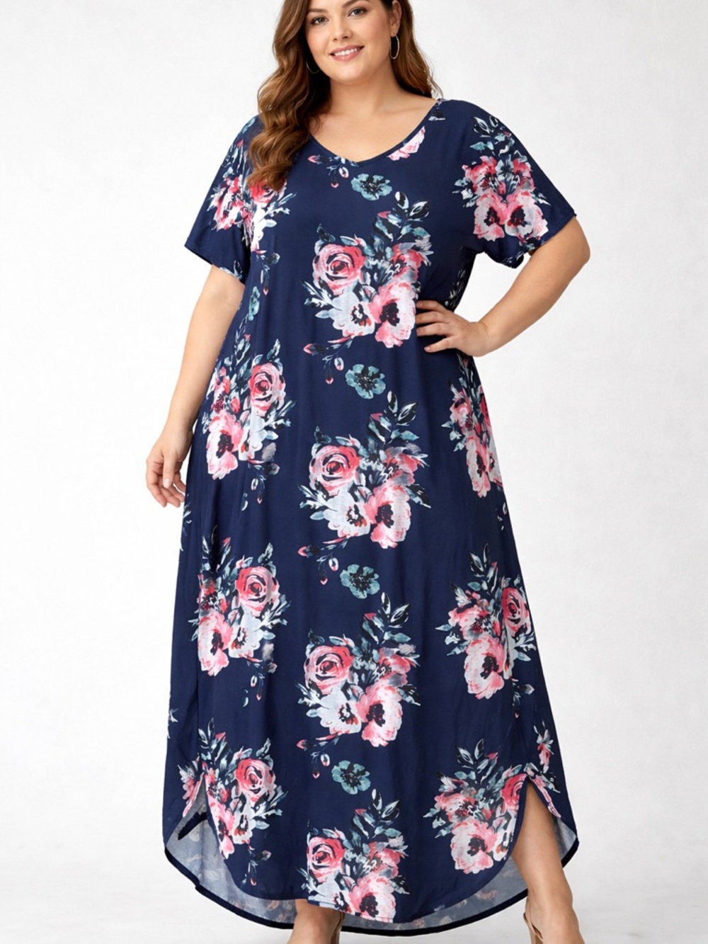 Navy Floral Maxi Dress with Pink Rose Print